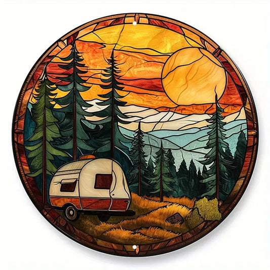 Camper in the Woods Faux Stained Glass Round Metal Sign